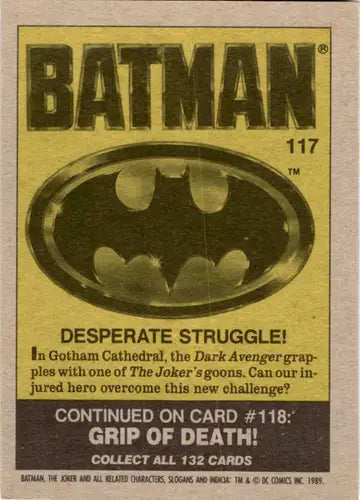 Original gloss 1989 Topps Batman Desperate Struggle trading card for collectors