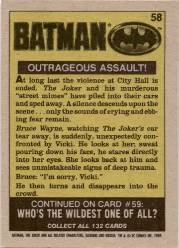 Back of a vintage 1989 Topps Batman Outrageous Assault trading card with original gloss
