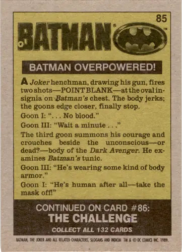 1989 Topps Batman trading card back featuring Batman Overpowered with original gloss identification