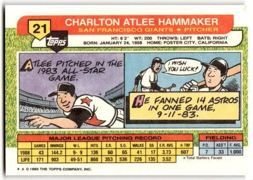 Vintage 1989 Topps Big Atlee Hammaker baseball card with original gloss near mint condition