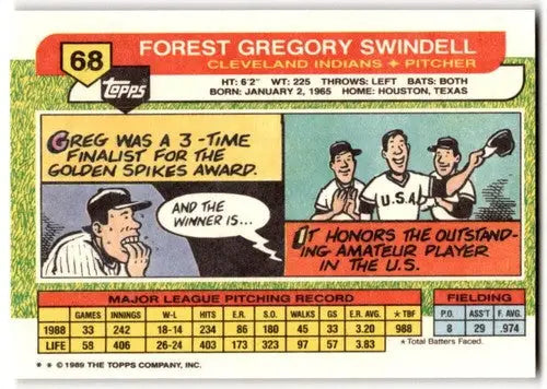 Vintage 1989 Topps Big Greg Swindell baseball card with pitching stats and Golden Spikes cartoon