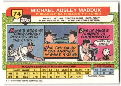 1989 Topps Big Mike Maddux baseball card with original gloss in Near Mint condition
