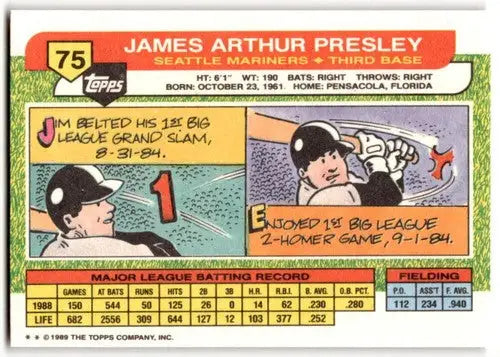 Back of 1989 Topps Big Jim Presley baseball card with original gloss Mariners ID 43813
