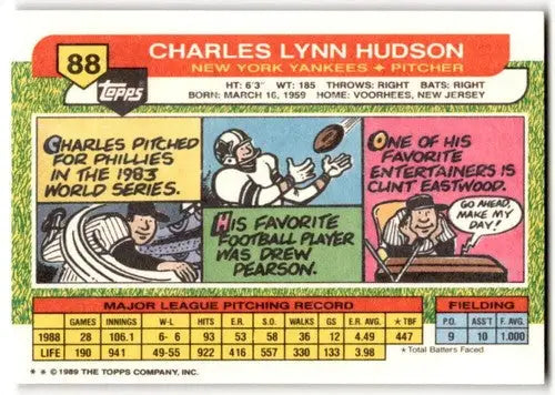 Original gloss baseball card back from Topps Big featuring Charles Hudson Yankees ID 43836