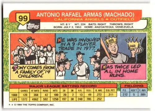 1989 Topps Big Tony Armas baseball card back with original gloss Near Mint condition