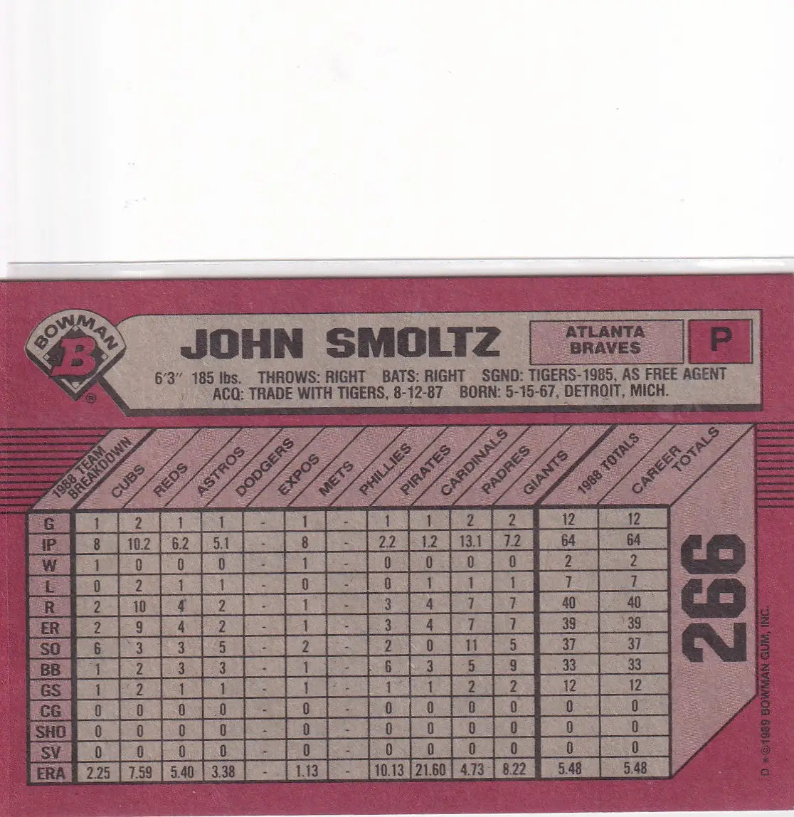 1989 TOPPS BOWMAN #266 JOHN SMOLTZ- ATLANTA BRAVES
