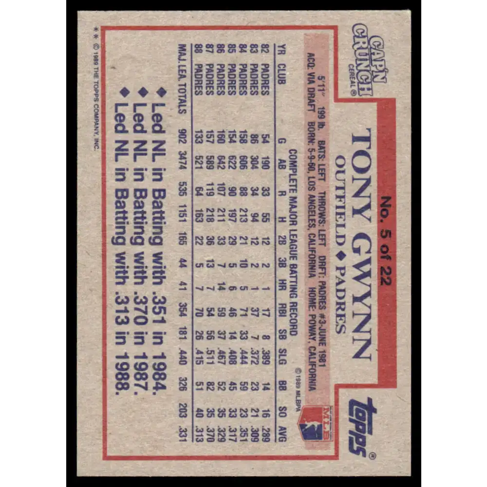 1989 Topps Cap’n Crunch #5 Tony Gwynn NM/MT San Diego Padres Baseball Card - Baseball Card Single