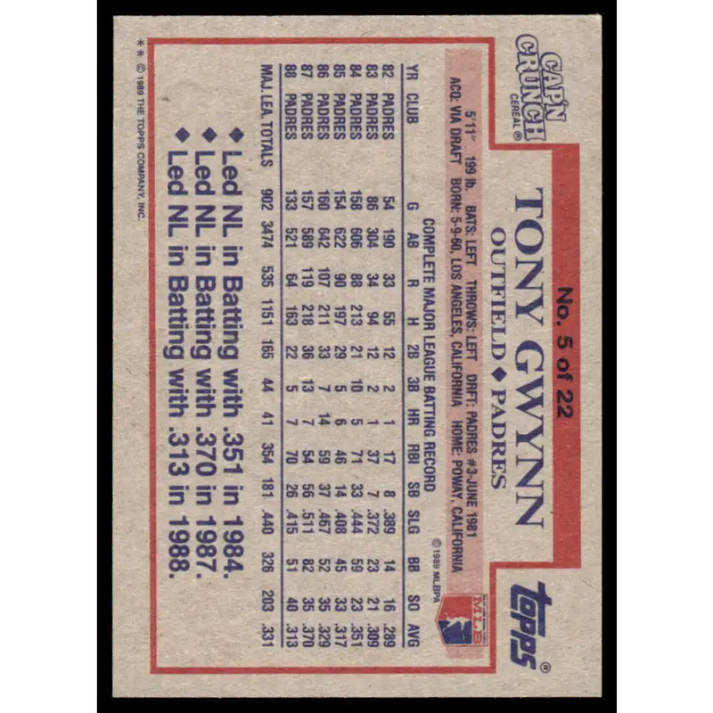 1989 Topps Cap’n Crunch #5 Tony Gwynn NM/MT San Diego Padres Baseball Card - Baseball Card Single