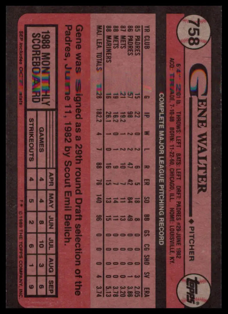 1989 Topps Gene Walter 758 Seattle Mariners NM - Baseball Card Single