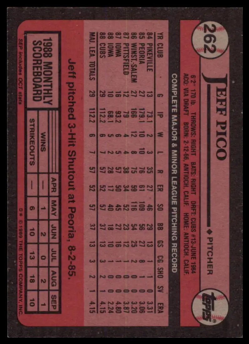 1989 Topps Jeff Pico RC 262 Chicago Cubs NM - Baseball Card Single