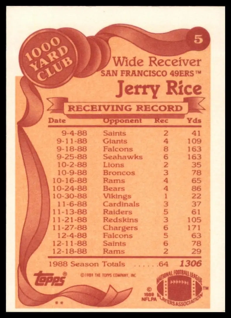 1989 Topps Jerry Rice #5 San Francisco 49ers 1000 Yard Club Football Card NFL - Football Card Single