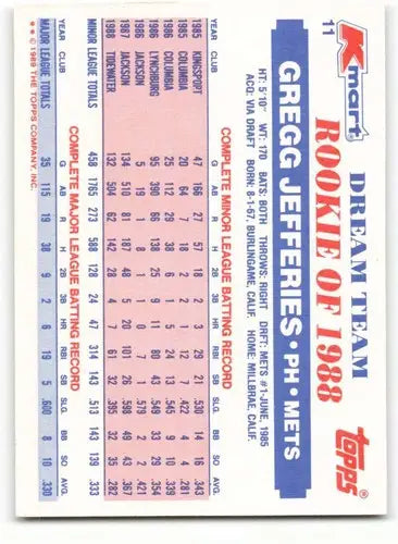 1989 Topps K-Mart Dream Team #11 Gregg Jefferies NM-MT Mets ID:60560 - Baseball Card Single