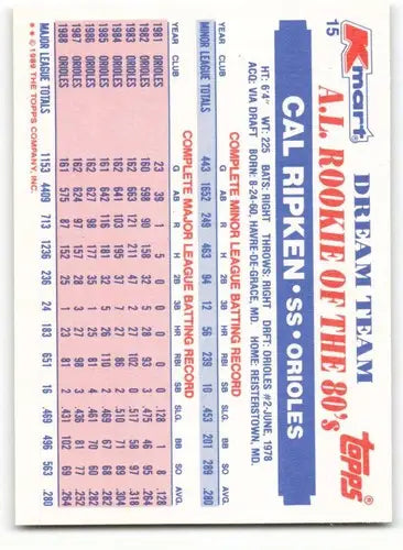 1989 Topps K-Mart Dream Team #15 Cal Ripken NM-MT Orioles ID:60564 - Baseball Card Single