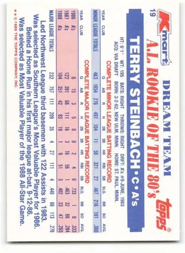 1989 Topps K-Mart Dream Team #19 Terry Steinbach NM-MT Athletics ID:60567 - Baseball Card Single