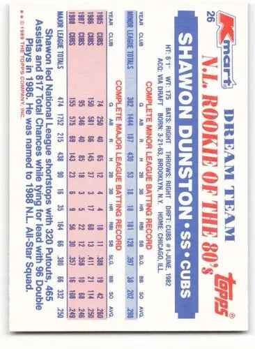 1989 Topps K-Mart Dream Team #26 Shawon Dunston NM-MT Cubs ID:60573 - Baseball Card Single