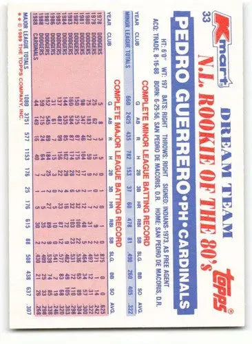 1989 Topps K-Mart Dream Team #33 Pedro Guerrero NM-MT Cardinals ID:60580 - Baseball Card Single