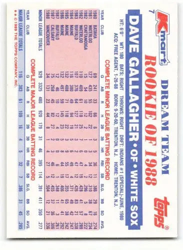 1989 Topps K-Mart Dream Team #7 Dave Gallagher NM-MT White Sox ID:60556 - Baseball Card Single