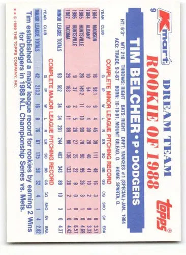 1989 Topps K-Mart Dream Team #9 Tim Belcher NM-MT Dodgers ID:60558 - Baseball Card Single