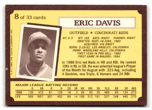 Eric Davis baseball card with original gloss from 1989 Topps Kay-Bee Superstars