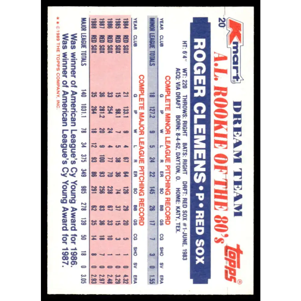 1989 Topps Kmart Dream Team #20 Roger Clemens EX/NM Boston Red Sox Baseball Card - Baseball Card Single