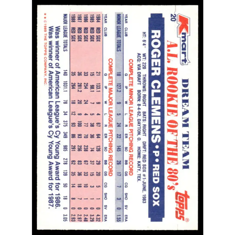 1989 Topps Kmart Dream Team #20 Roger Clemens EX/NM Boston Red Sox Baseball Card - Baseball Card Single