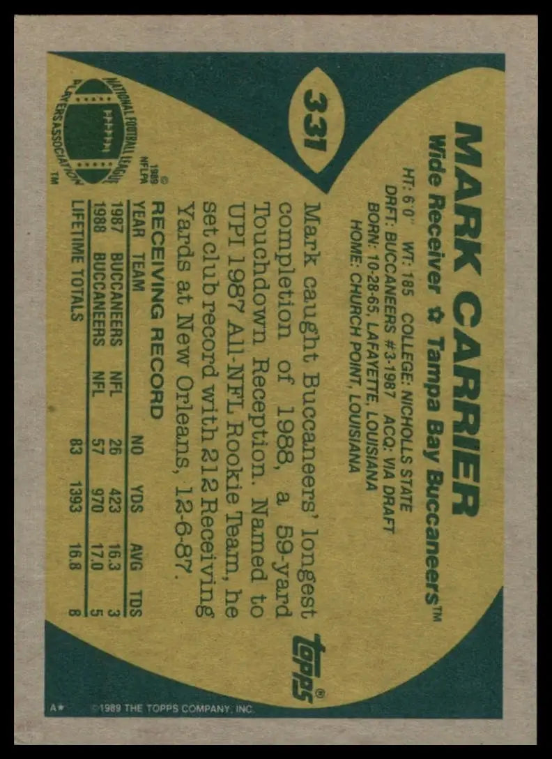 1989 Topps Mark Carrier #331 Rookie Tampa Bay Buccaneers Football Card NFL Sport - Football Card Single