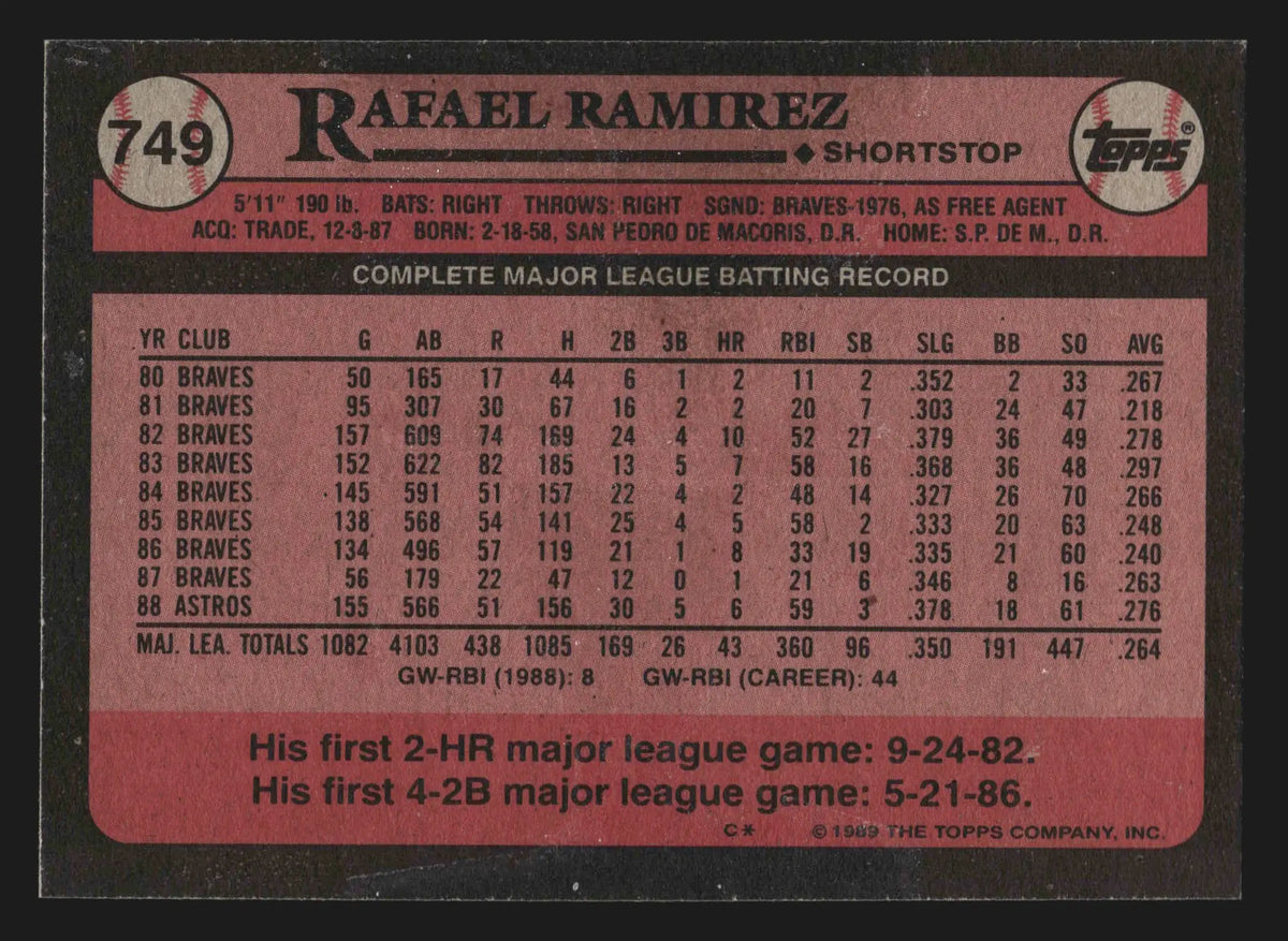 1989 Topps Rafael Ramirez #749 Houston Astros - Baseball Card Single