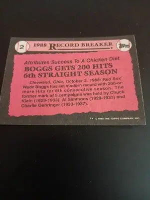 1989 Topps - Record Breaker Wade Boggs #2. Red Sox. NRMT+ - Baseball Card Single
