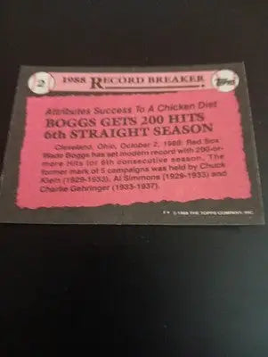 1989 Topps - Record Breaker Wade Boggs #2. Red Sox. NRMT+ - Baseball Card Single