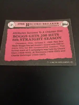 1989 Topps - Record Breaker Wade Boggs #2. Red Sox. NRMT+ - Baseball Card Single