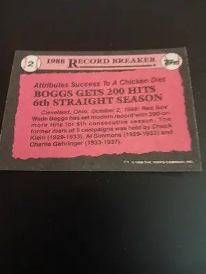 1989 Topps - Record Breaker Wade Boggs #2. Red Sox. NRMT+ - Baseball Card Single