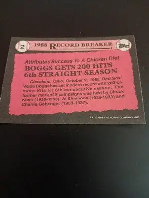 1989 Topps - Record Breaker Wade Boggs #2. Red Sox. NRMT+ - Baseball Card Single