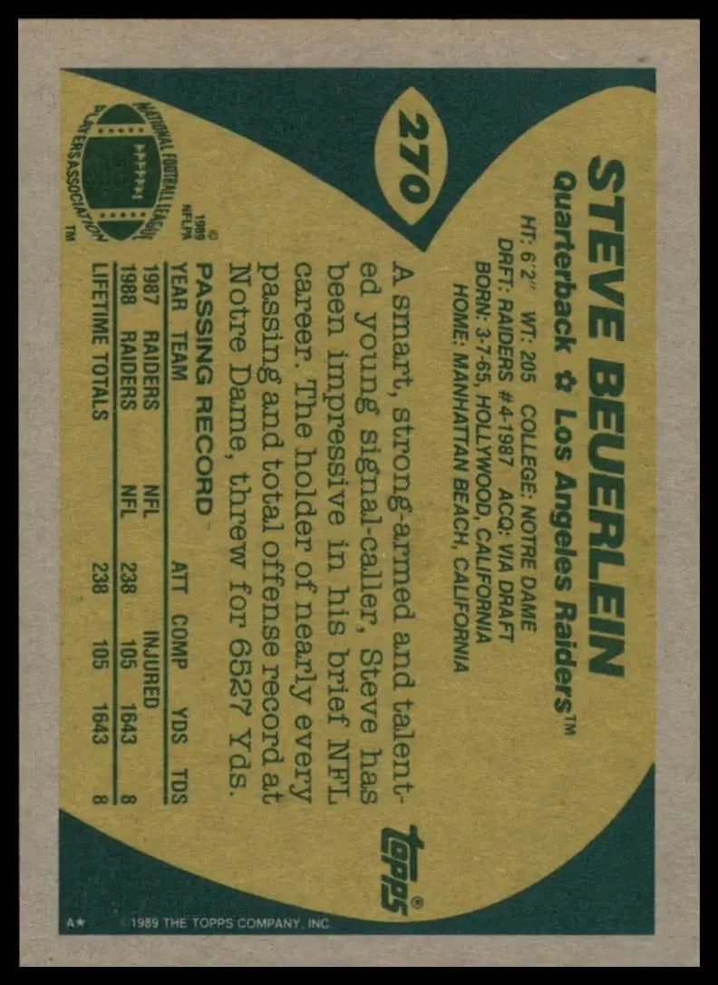 1989 Topps Steve Beuerlein #270 Rookie Los Angeles Raiders Football Card NFL - Football Card Single