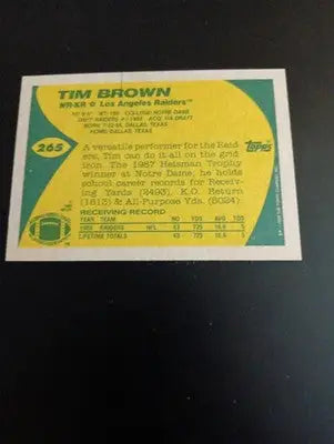 1989 Topps - Tim Brown #265 (RC). Raiders. NRMT+ - Football Card Single