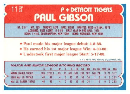 Back of 1989 Topps Toys R Us Rookies Paul Gibson Tigers baseball card showcasing original gloss