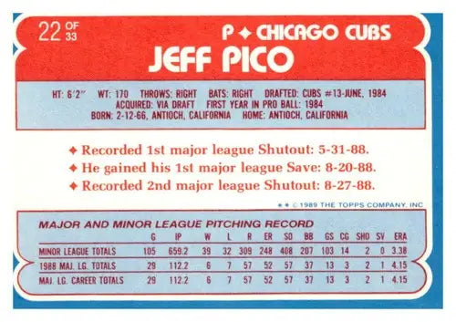 Jeff Pico baseball card back from 1989 Topps Toys R Us Rookies with original gloss