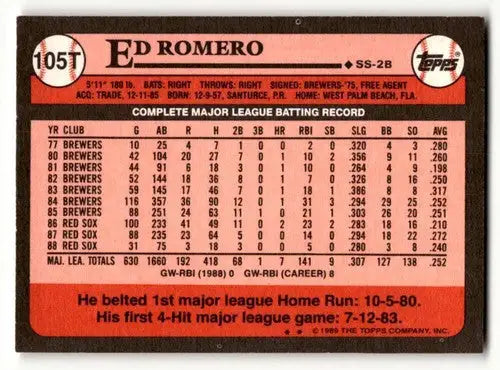 1989 Topps Traded #105T Ed Romero Boston Red Sox Baseball Cards EX/N ID:64439 - Baseball Card Single