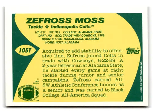 Back of a vintage 1989 Topps Traded Zefross Moss rookie trading card with original gloss