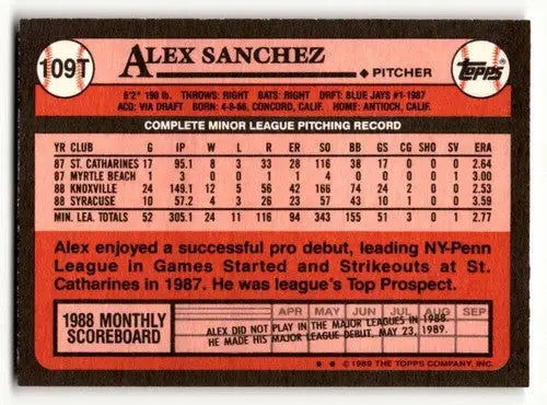 1989 Topps Traded #109T Alex Sanchez Toronto Blue Jays Baseball Card ID:58594 - Baseball Card Single