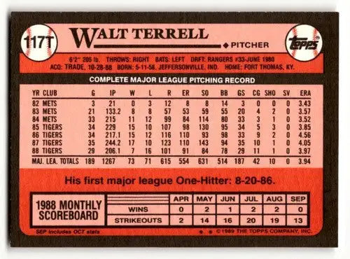Original gloss 117t Walt Terrell San Diego Padres baseball card from 1989 Topps Traded