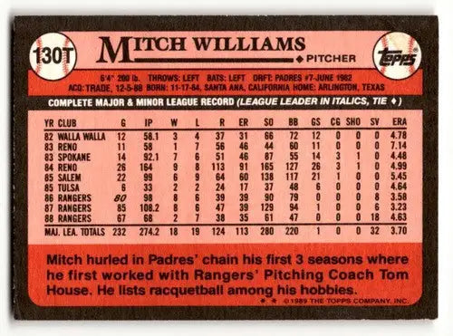 1989 Topps Traded Mitch Williams baseball card with original gloss, 130T Mitch Williams