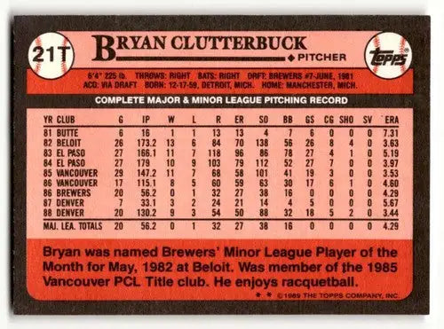 1989 Topps Traded #21T Bryan Clutterbuck Milwaukee Brewers Baseball ID:58576 - Baseball Card Single