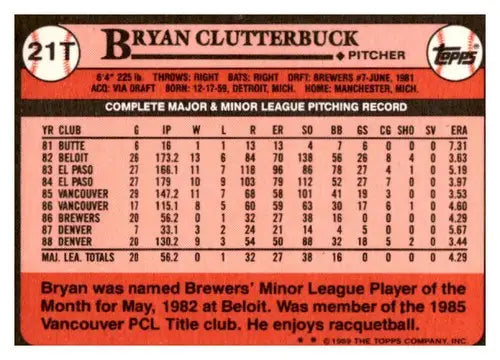 1989 Topps Traded 21T Bryan Clutterbuck Brewers baseball card NM-MT