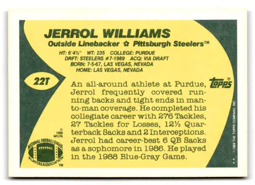 Vintage football trading card featuring 1989 Topps Traded 22T Jerrol Williams original gloss