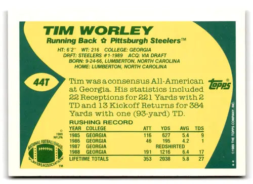 1989 Topps Traded #44T Tim Worley NM-MT RC Rookie Steelers ID:73678 - Football Card Single