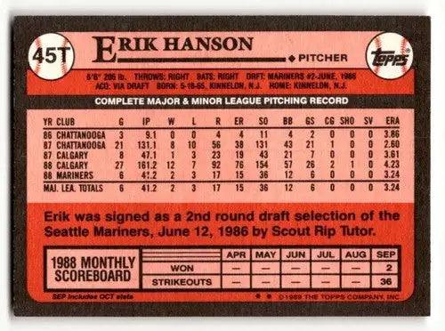 1989 Topps Traded #45T Erik Hanson Seattle Mariners Baseball Cards E ID:58575 - Baseball Card Single