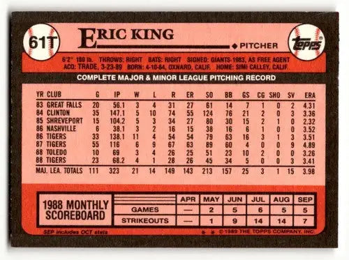 Back of 1989 Topps Traded Eric King Chicago White Sox baseball card showing player details