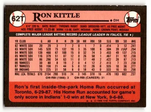 Original gloss 62T Ron Kittle Chicago White Sox baseball card in 1989 Topps Traded set