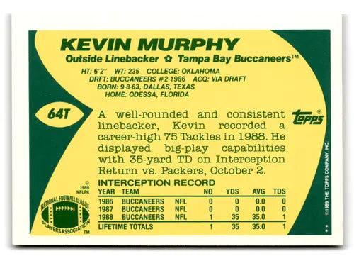 Vintage football trading card with green border and yellow interior from Topps Traded 64T Kevin Murphy rookie set