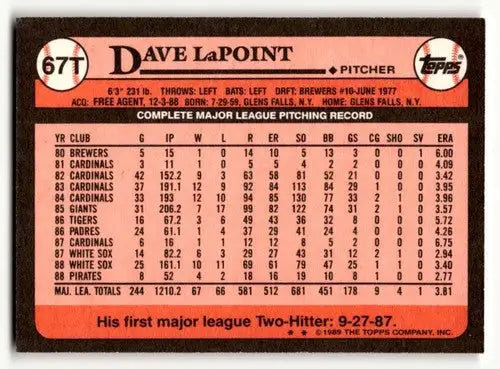 1989 Topps Traded #67T Dave LaPoint New York Yankees Baseball Cards ID:58586 - Baseball Card Single
